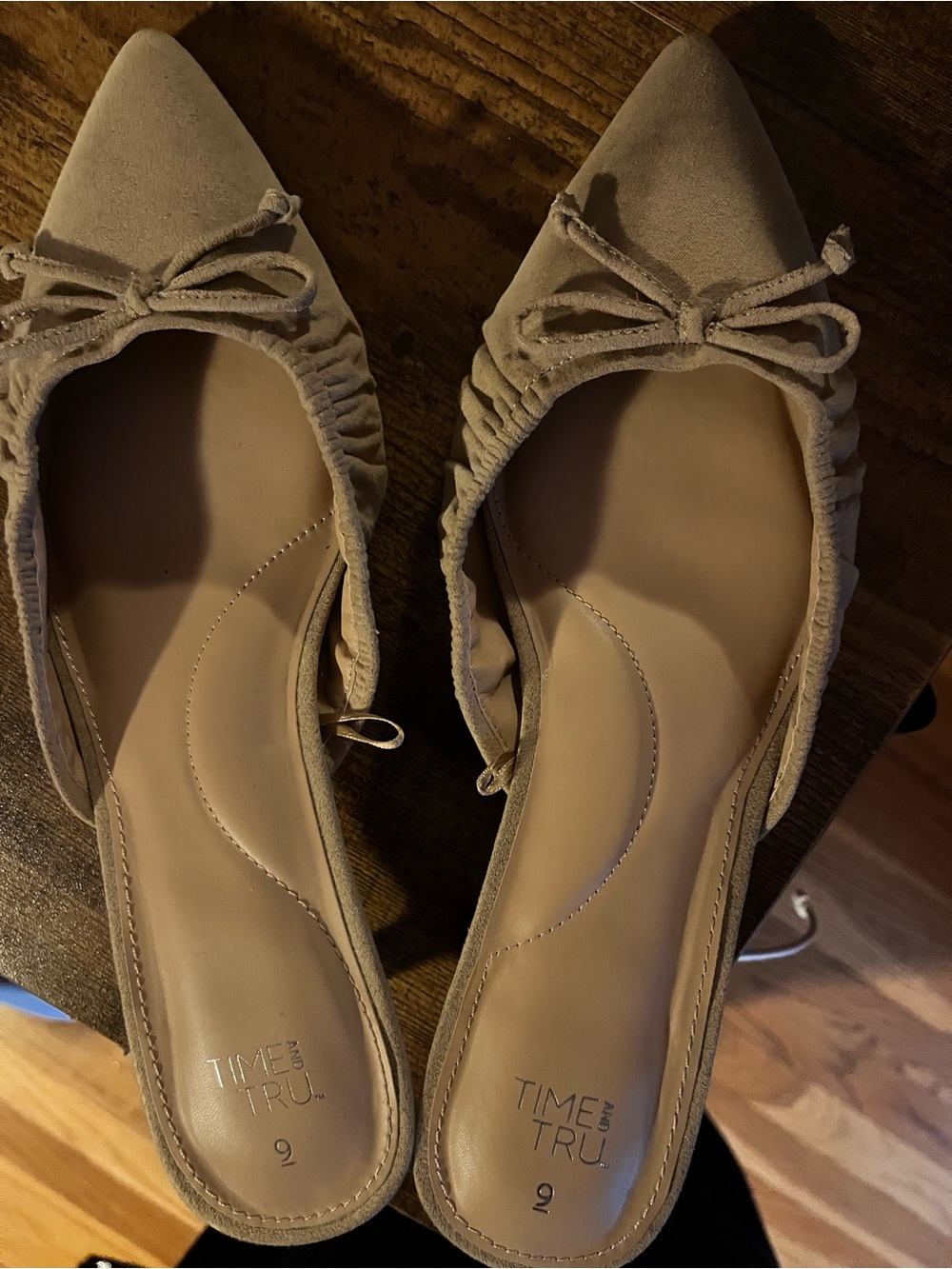 Time and Tru Taupe Pointed-Toe Ballet Flats with Bow